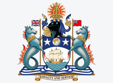 logo of two sea horses and a boat between them with loyalty and service in a banner beneath